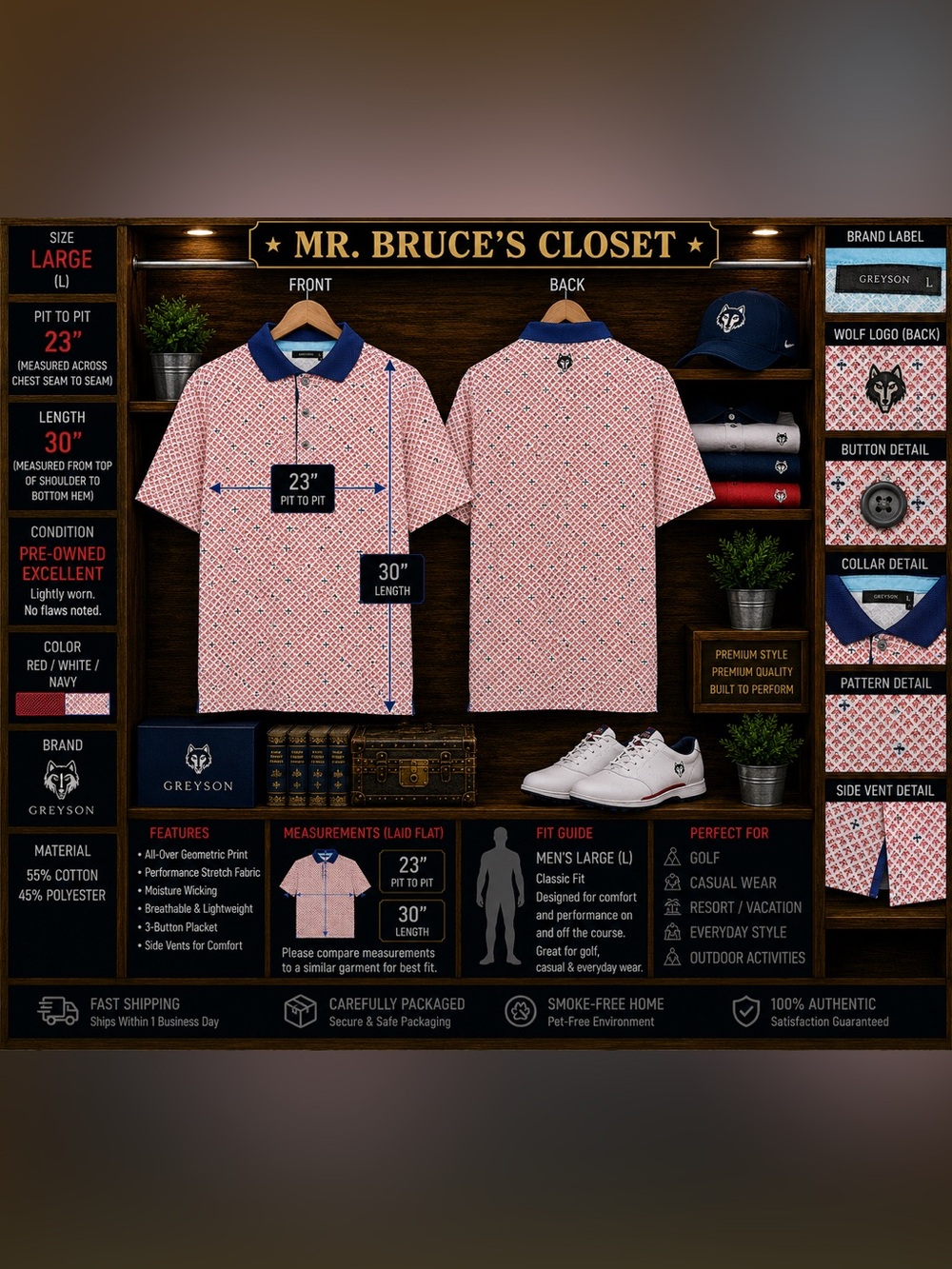 Greyson Men's Pink Patterned Polo with Navy Contrast Collar